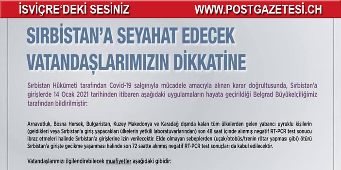 Sırbistan'a Girişlerde Pcr Testi Konusunda Yeni Düzenleme