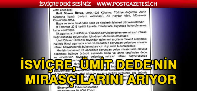 İsviçre, Ümit Dede'nin mirasçılarını arıyor